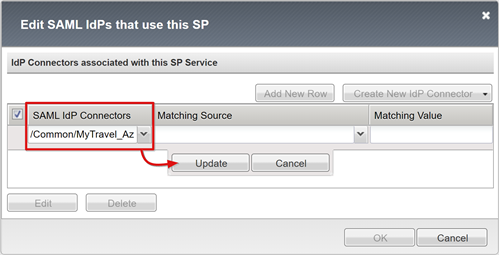 [SAML IdP コネクタ] の [更新] オプションのスクリーンショット。