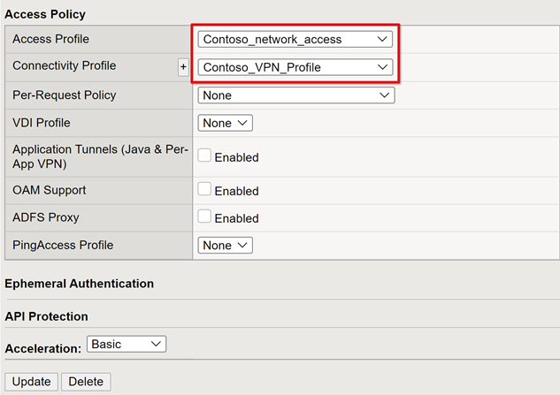 [Access Policy] (アクセス ポリシー) の [Access Profile] (アクセス プロファイル) と [Connectivity Profile] (接続プロファイル) の入力のスクリーンショット。