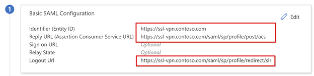 [基本的な SAML 構成] の URL のスクリーンショット。