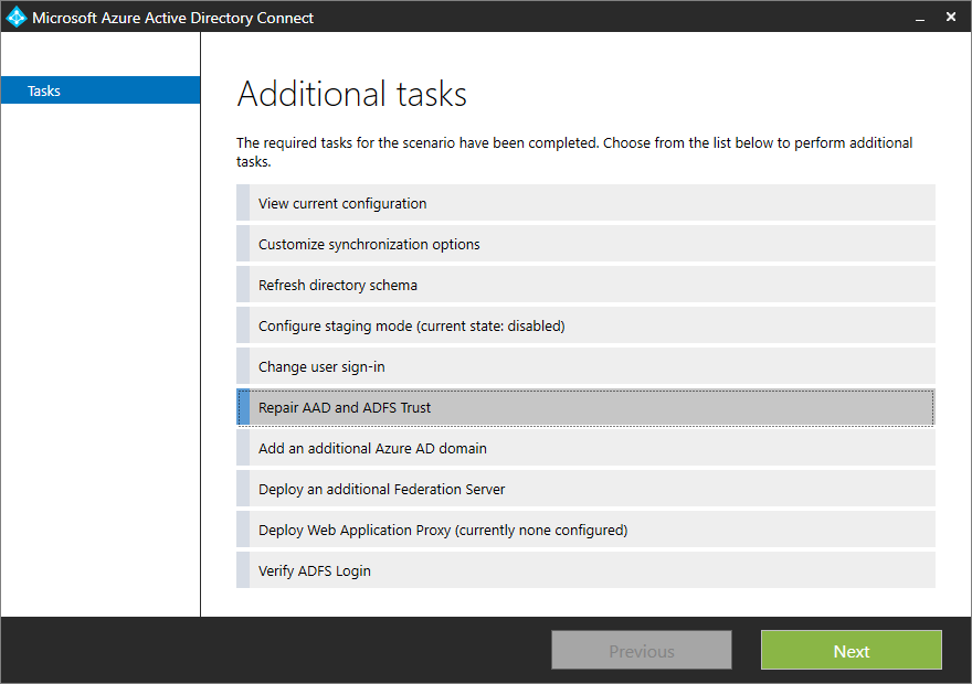 Microsoft Entra ID と AD FS の信頼を修復するための [その他のタスク] ページのスクリーンショット。