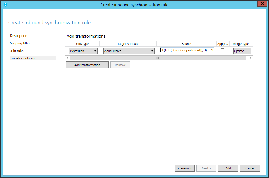 Create inbound synchronization rule options