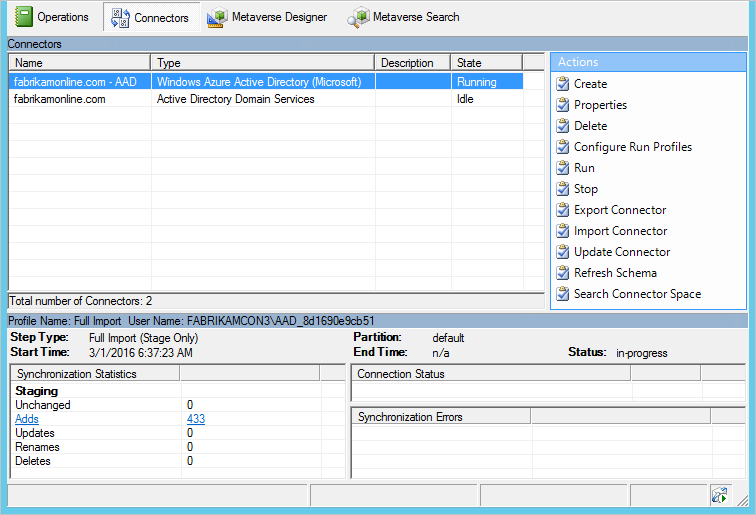 Microsoft Entra Connect Sync Service Manager を示すスクリーンショット。