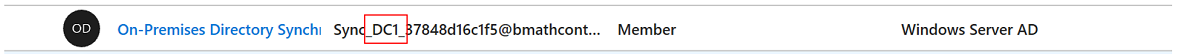 DC1 プレフィックスが付いた Microsoft Entra アカウントを示すスクリーンショット。