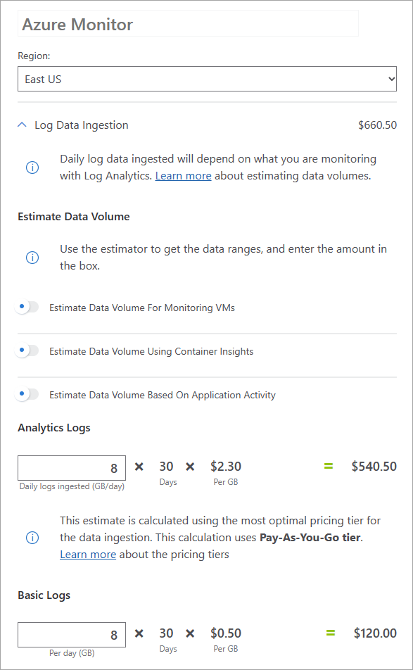 例として 1 日当たり 8 GB を使用した、Azure 料金計算ツールのスクリーンショット。