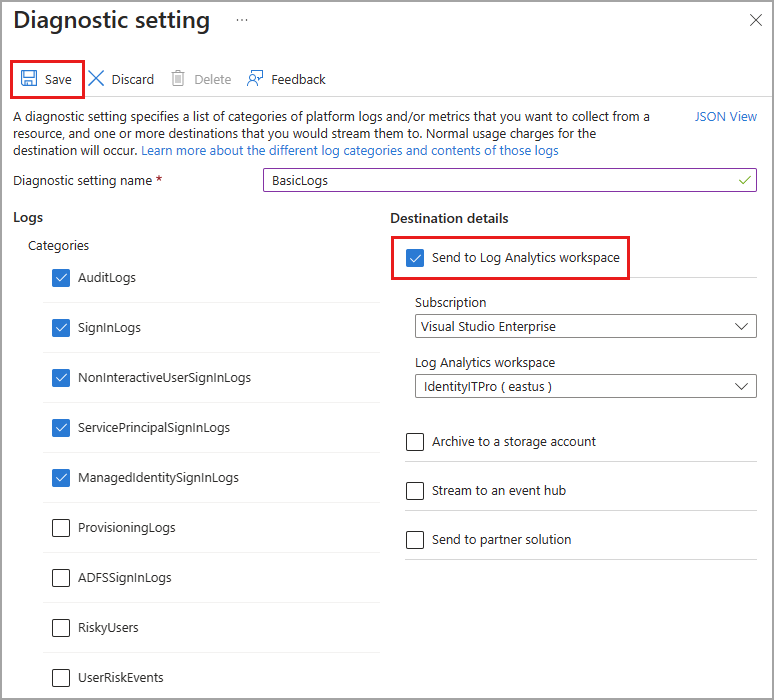 Log Analytics ワークスペースに移動する複数のログが選択されている [診断設定の作成] ページのスクリーンショット。