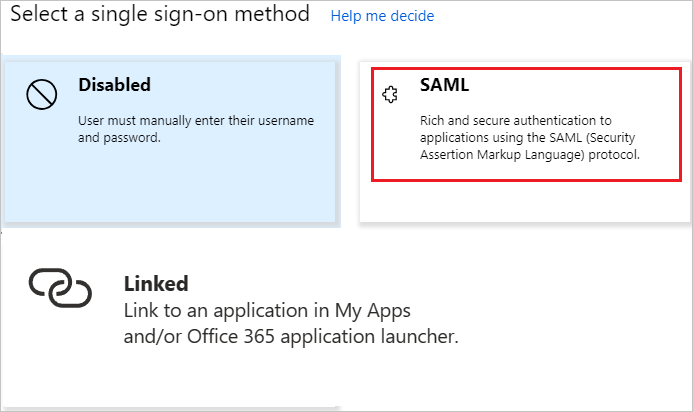 SAML が強調表示された [シングル サインオン方式の選択] のスクリーンショット