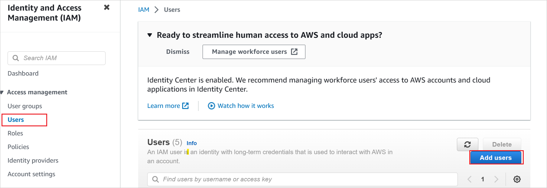 [ユーザー] が強調表示された AWS IAM コンソールのスクリーンショット。