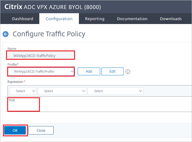 Citrix ADC SAML Connector for Microsoft Entra の構成のスクリーンショット - [トラフィック ポリシーの構成] ウィンドウ