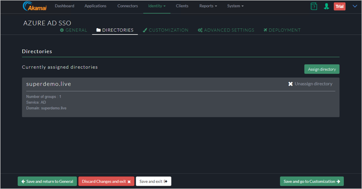 現在割り当てられているディレクトリ のリストで superdemo.live を示す Microsoft Entra SSO の Akamai EAA コンソール [ディレクトリ] タブのスクリーンショット。