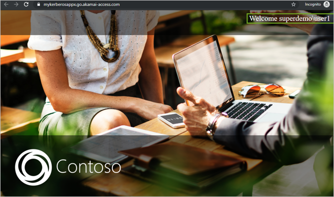 myKerberosApp のスプラッシュ スクリーンのスクリーンショット。背景画像の上に「Welcome superdemo\user1」というメッセージが表示されています。