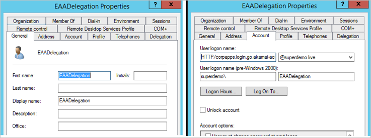 [名] が「EAADelegation」に設定され、[ユーザー ログオン名] が「HTTP/corpapps.login.go.akamai-access.com」に設定されている状態で [EAADelegation] のプロパティを示すスクリーンショット。