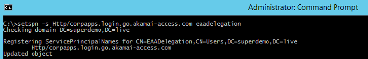 コマンド setspn -s Http/corpapps.login.go.akamai-access.com eaadelegation の結果を示す管理者コマンド プロンプトのスクリーンショット。