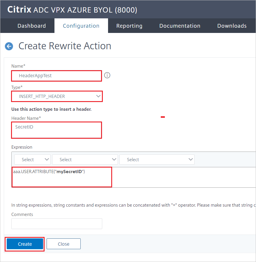 Citrix ADC の構成 - [Create Rewrite Actions]\(書き換えアクションの作成\) ペイン