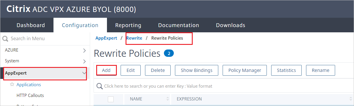 Citrix ADC の構成 - [Rewrite Policies]\(書き換えポリシー\) ペイン