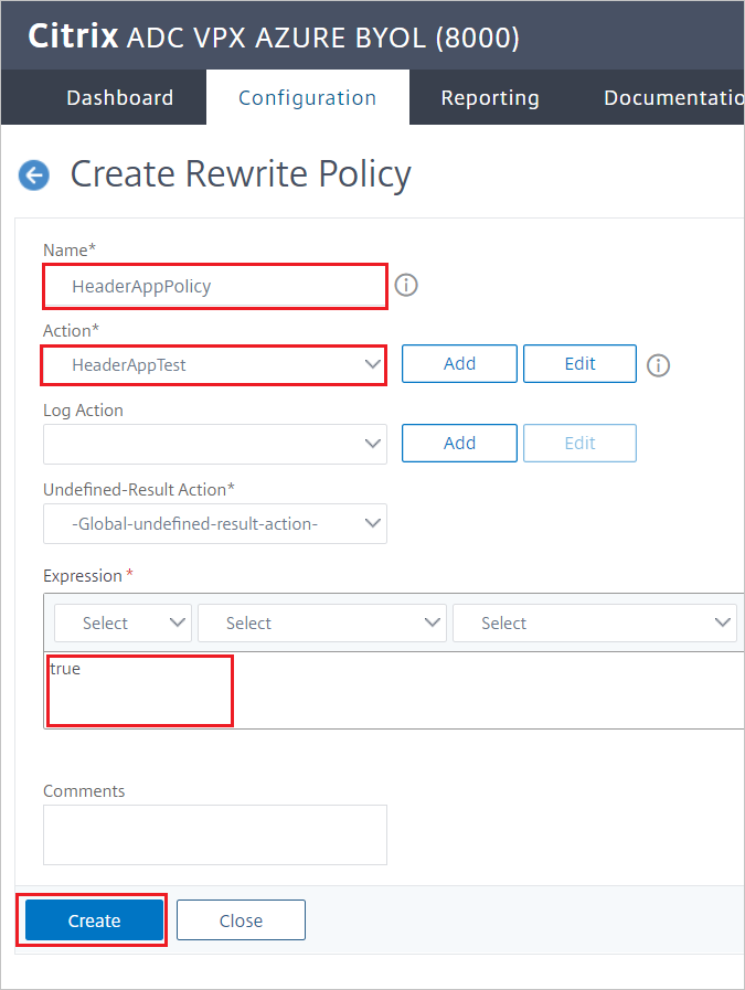 Citrix ADC の構成 - [Create Rewrite Policy]\(書き換えポリシーの作成\) ペイン