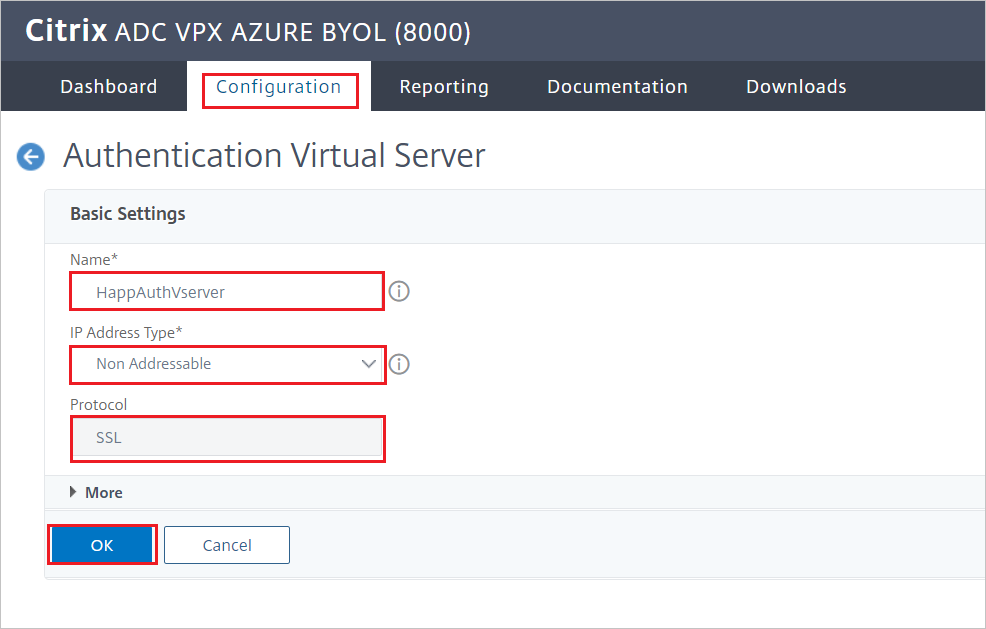 Citrix ADC の構成 - [認証仮想サーバー] ウィンドウ