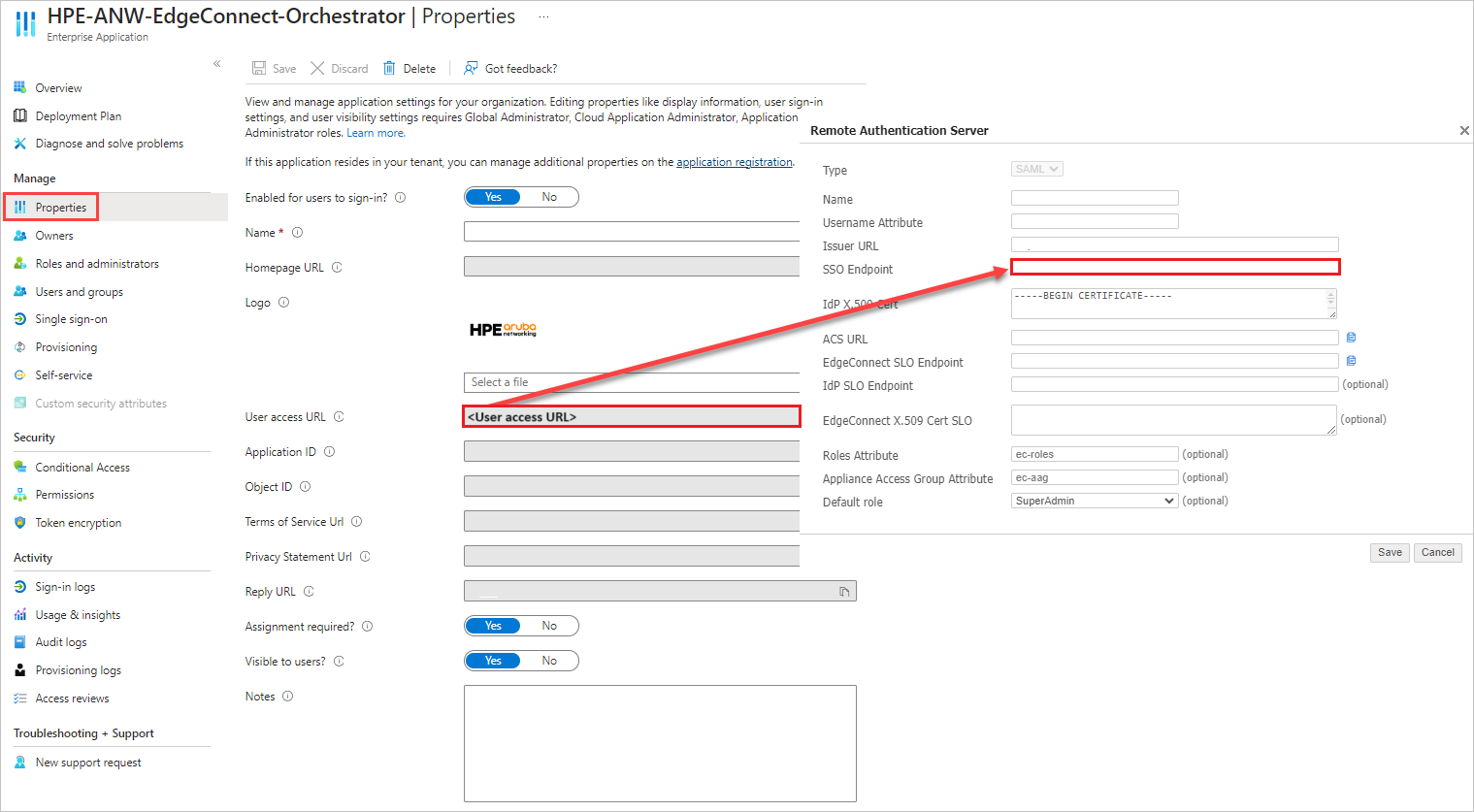 SSO エンドポイント構成する方法を示すスクリーンショット。