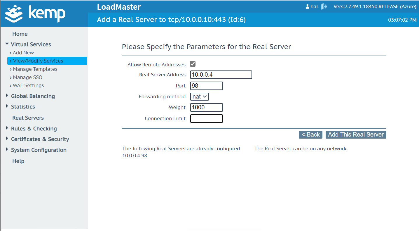 ボックスに例の値が設定されている [Real Server のパラメーターを指定してください] ページを示すスクリーンショット。