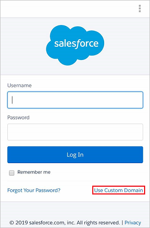 Salesforce モバイル アプリの [カスタムドメインを使用]