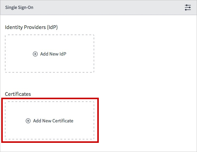 [Add New Certificate]\(新しい証明書の追加\)が強調表示された [Single Sign-On]\(シングル サインオン\) ダイアログ ボックスのスクリーンショット