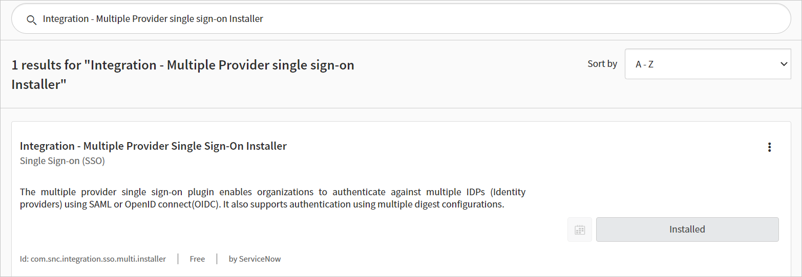 [Integration - Multiple Provider single sign-on Installer]\(統合 - 複数プロバイダーのシングル サインオン インストーラー\) が強調表示された [System Plugins]\(システム プラグイン\) ページのスクリーンショット