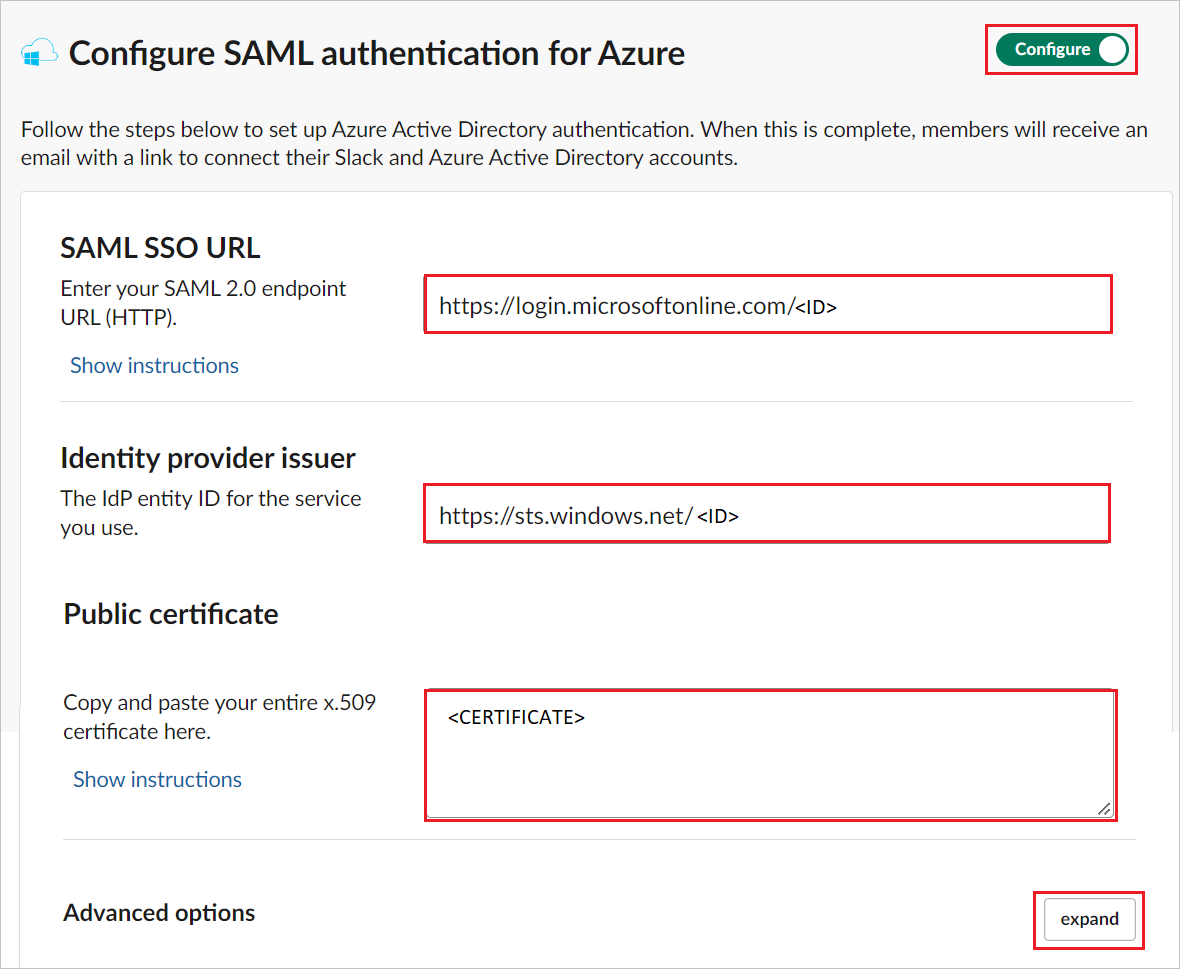 SAML 認証設定でのシングル サインオンの構成のスクリーンショット。