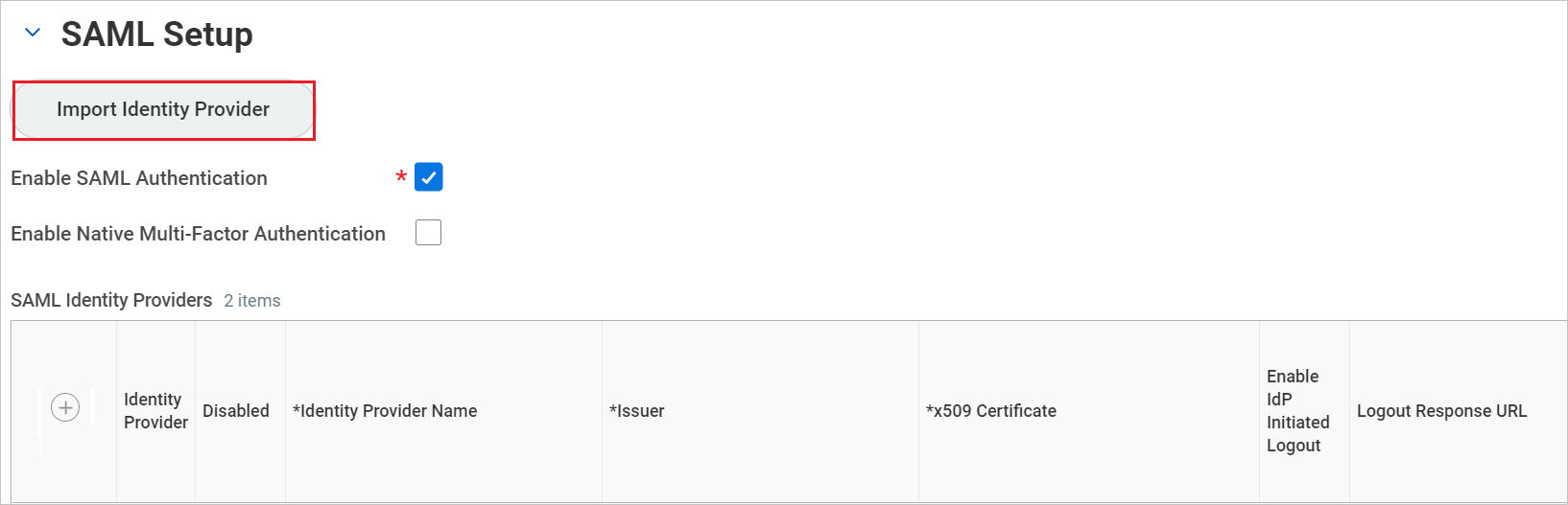 [SAML 設定] を示すスクリーンショット。