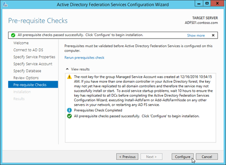 Active Directory フェデレーション サービス (AD FS)構成ウィザードの前提条件の確認ページ。