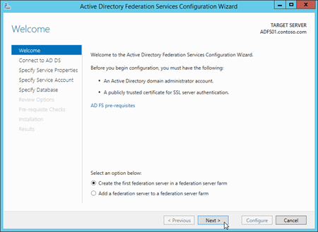 Active Directory フェデレーション サービス (AD FS)構成ウィザードの [ようこそ] ページ。