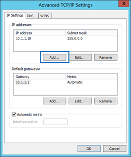 ネットワーク アダプターのプロパティの [TCP/IP の詳細設定] ウィンドウ。