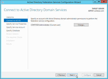 Active Directory フェデレーション サービス (AD FS)構成ウィザードの [AD DS への接続] ページ。