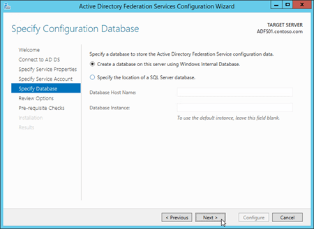 Active Directory フェデレーション サービス (AD FS)構成ウィザードの [構成データベースの指定] ページ。