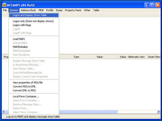 [セッション] タブと [ログオンとストア テーブルの表示] オプションを示す MFCMAPI x86 ビルド ウィンドウのスクリーンショット。