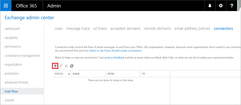 Exchange 管理センターにコネクタがないことを示すスクリーンショット。コネクタを作成するには、[アイコンの例と図形の追加] をクリックします。