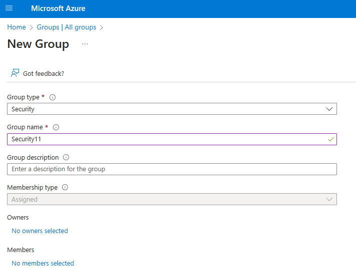 Azure portal の新しいグループの作成ダイアログのスクリーンショット。