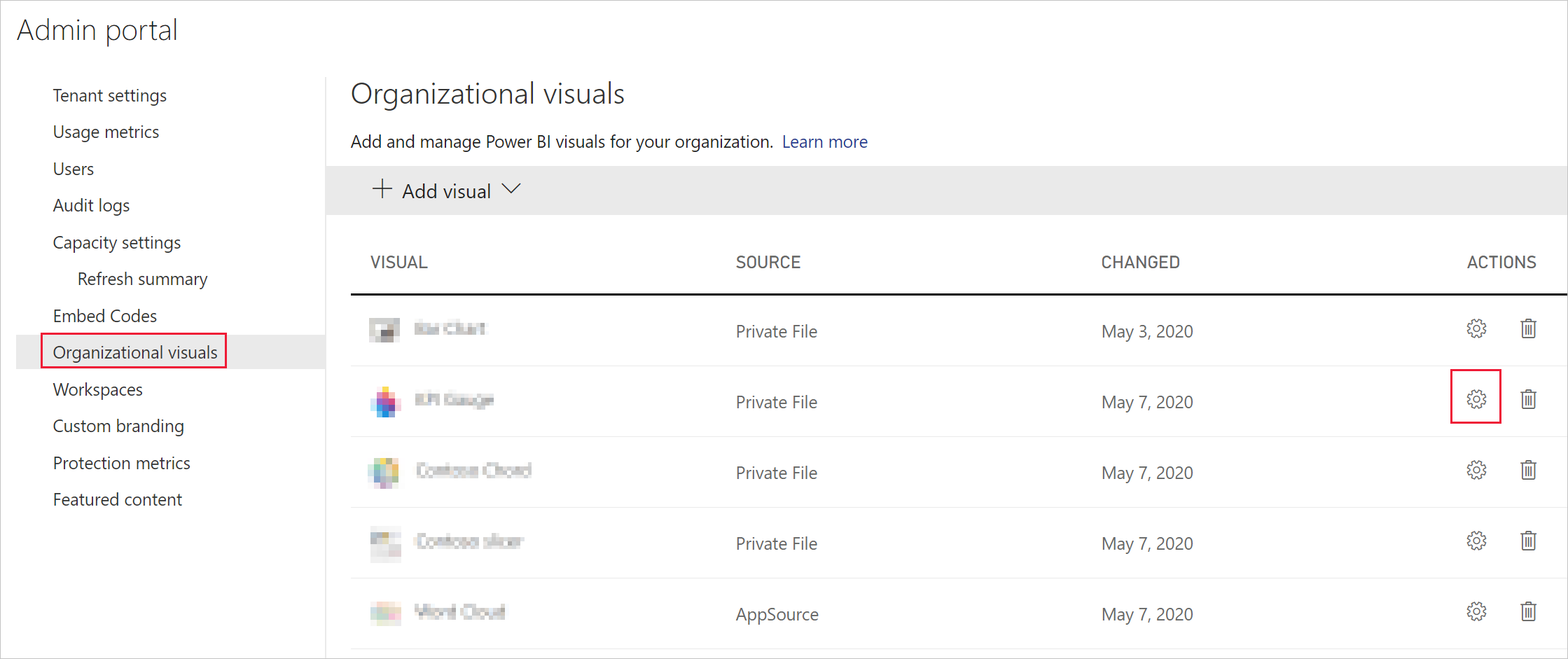 Power BI 管理者設定の [組織のビジュアル] メニューを示すスクリーンショット。[視覚化の追加] オプションが展開され、[AppSource から] オプションが選択され、アプリ ソース ビジュアルの一覧が表示されます。