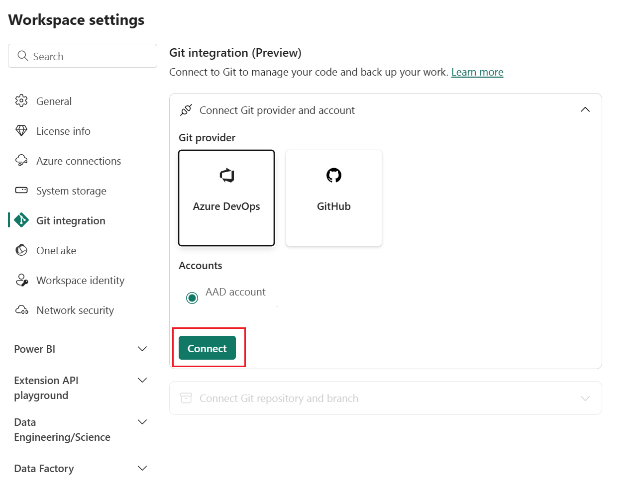 Git 統合が選択されたワークスペース設定ウィンドウのスクリーンショット。