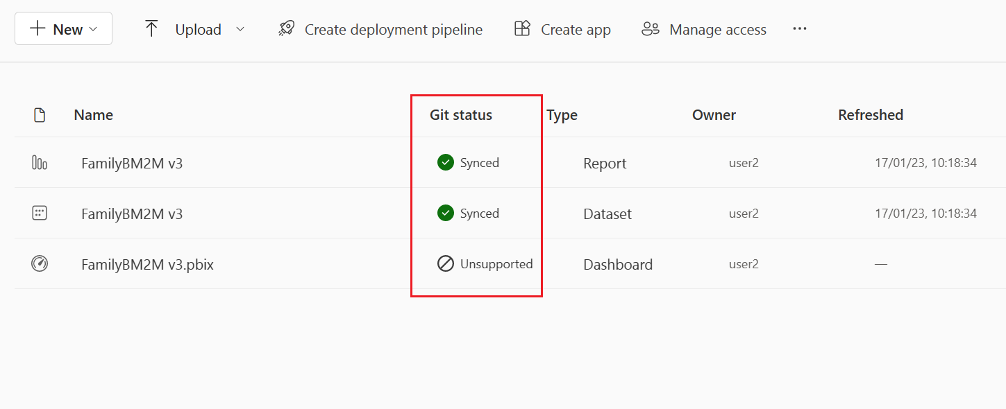 ワークスペース内の項目と、それらの Git 状態の概要を示すスクリーンショット。