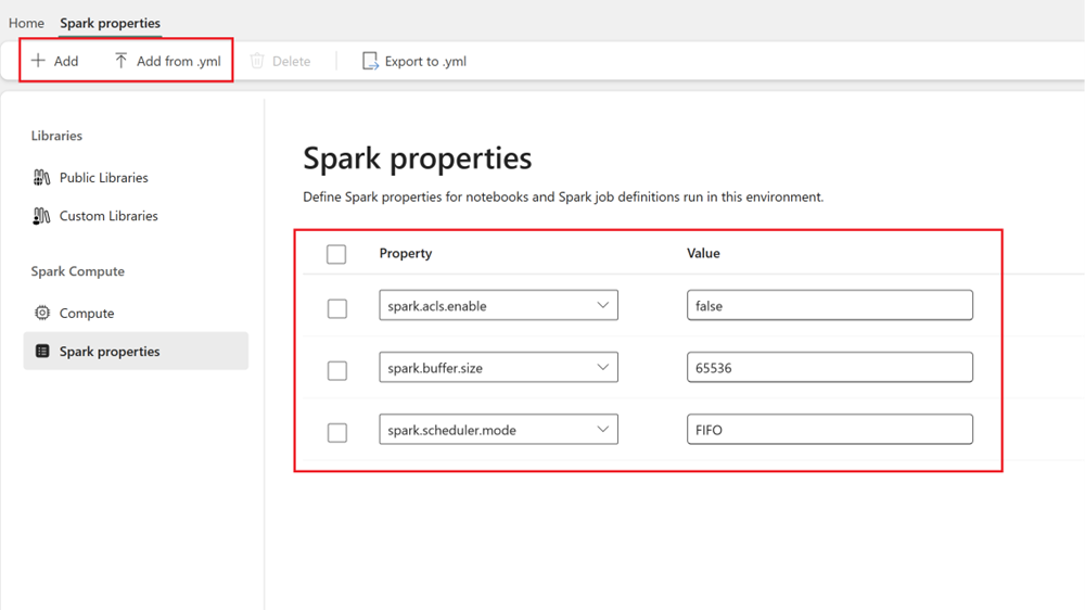 Spark の構成を示すスクリーンショット。