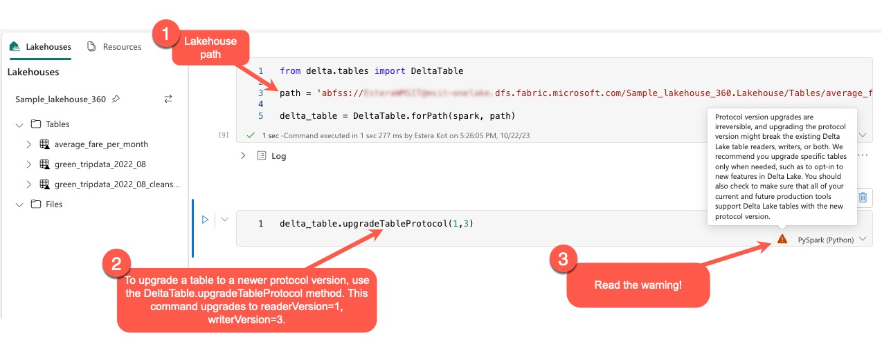 Delta Lake プロトコルをアップグレードするときに警告を示すスクリーンショット。