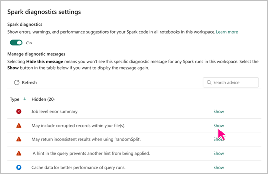 Spark アドバイザーの設定を示すスクリーンショット。