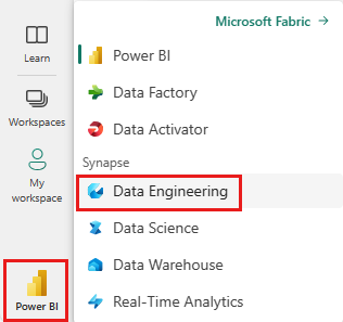 スイッチャーで [Data Engineering] を選択するところを示すスクリーンショット。