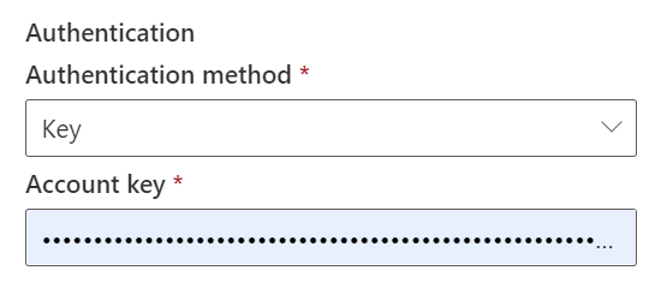 Azure Data Lake Storage Gen2 のキー認証方法を示すスクリーンショット。