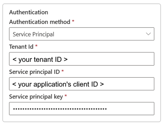 Azure Data Lake Storage Gen2 のサービス プリンシパル認証方法を示すスクリーンショット。