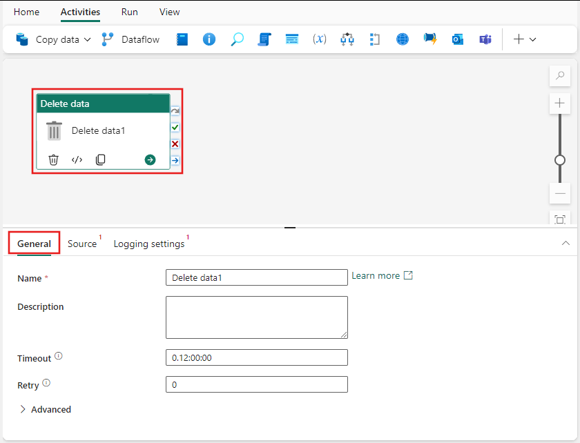 データの削除アクティビティの [全般] 設定タブを示すスクリーンショット。