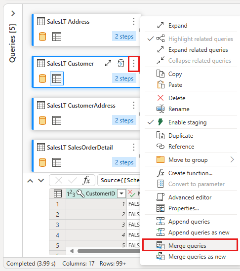 Screenshot showing where to find the Merge queries option.