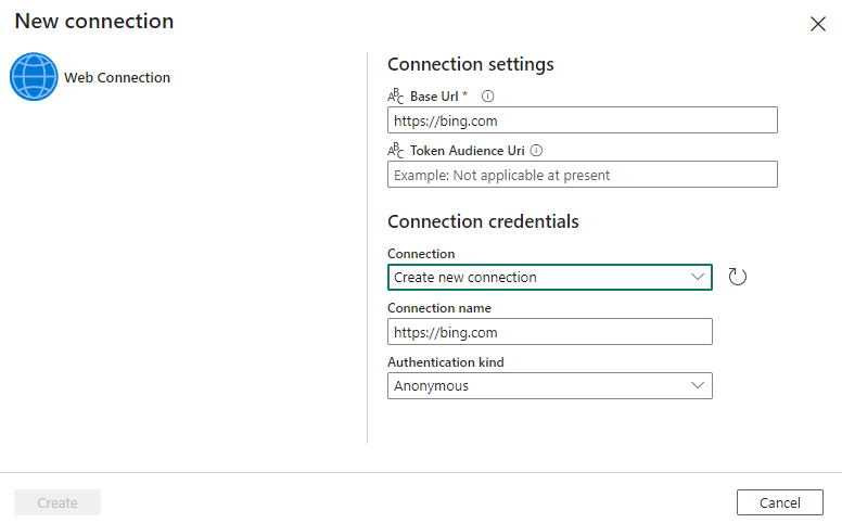 WebHook アクティビティの新しい接続ダイアログを示すスクリーンショット。