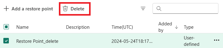 Fabric ポータルの復元ポイントを削除する設定のスクリーンショット。