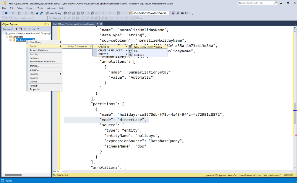 SSMS の XMLA クエリのスクリーンショット。