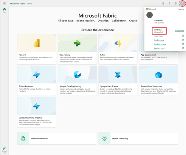 Microsoft Fabric 試用版の状態のスクリーンショット。